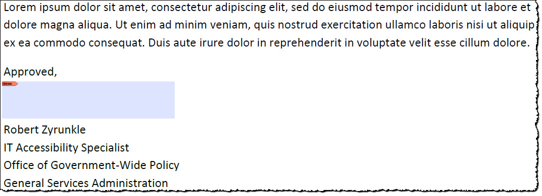 Positioned above the signature block, a blue rectangle (with tiny red tag in the upper left-hand corner) indicates PDF form's electronic signature field. Positioned above the signature block, a blue rectangle (with tiny red tag in the upper left-hand corner) indicates PDF form's electronic signature field.