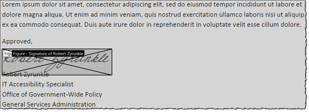 Positioned above the signature block, a hand-written (wet) signature of a scanned document (tagged as a figure) indicates PDF form's signature field.